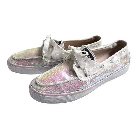 Pre Loved Sperry Top-Sider Bahama BOAT SHOES Women's 9.5M Sequin Iridescent Pink - Picture 4 of 9